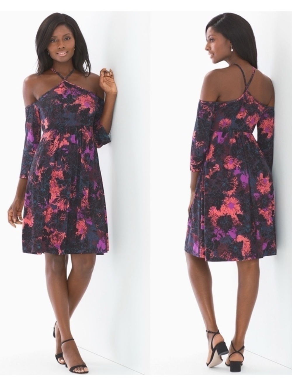 Soma Y Neck & Cold-Shoulder Floral Fit & Flare Dress